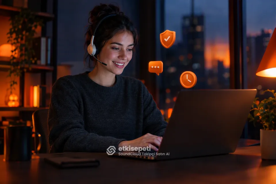 Destek uzmanı SoundCloud Takipçi siparişlerini panelden takip ediyor
