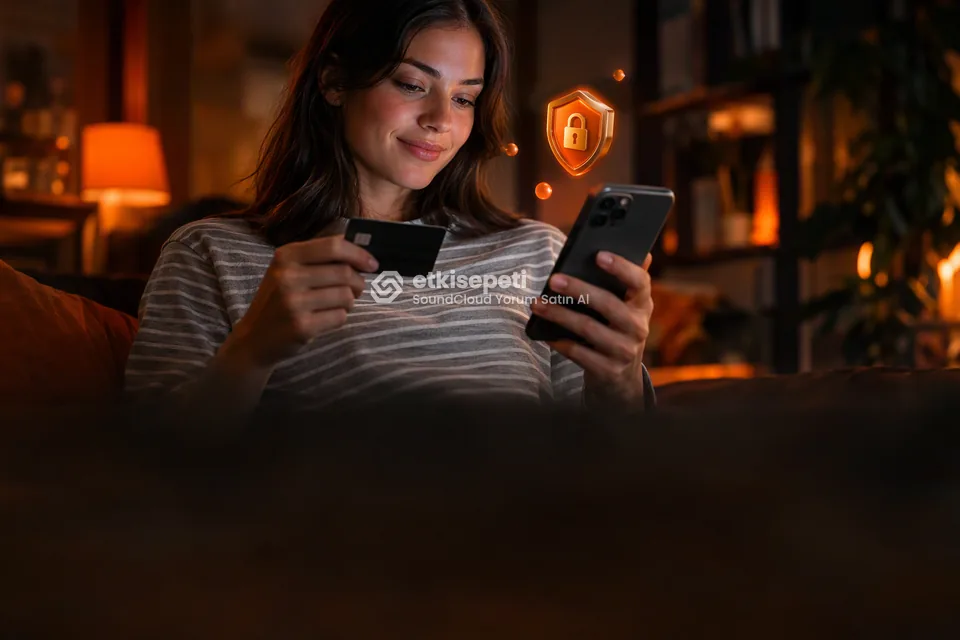 Kart ve telefonla güvenli ödeme yapan bir kullanıcı