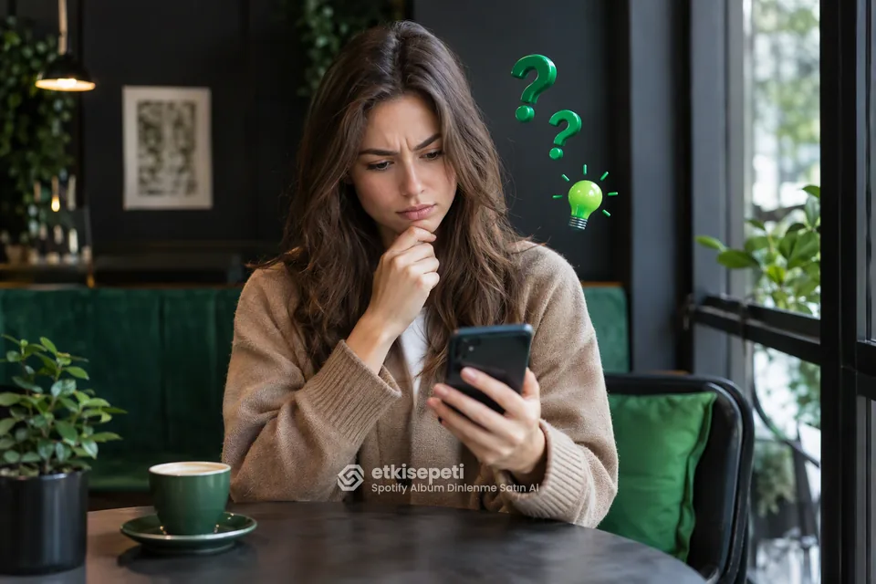 Spotify Albüm Dinlenme satın almadan önce sorularını düşünen bir kullanıcı