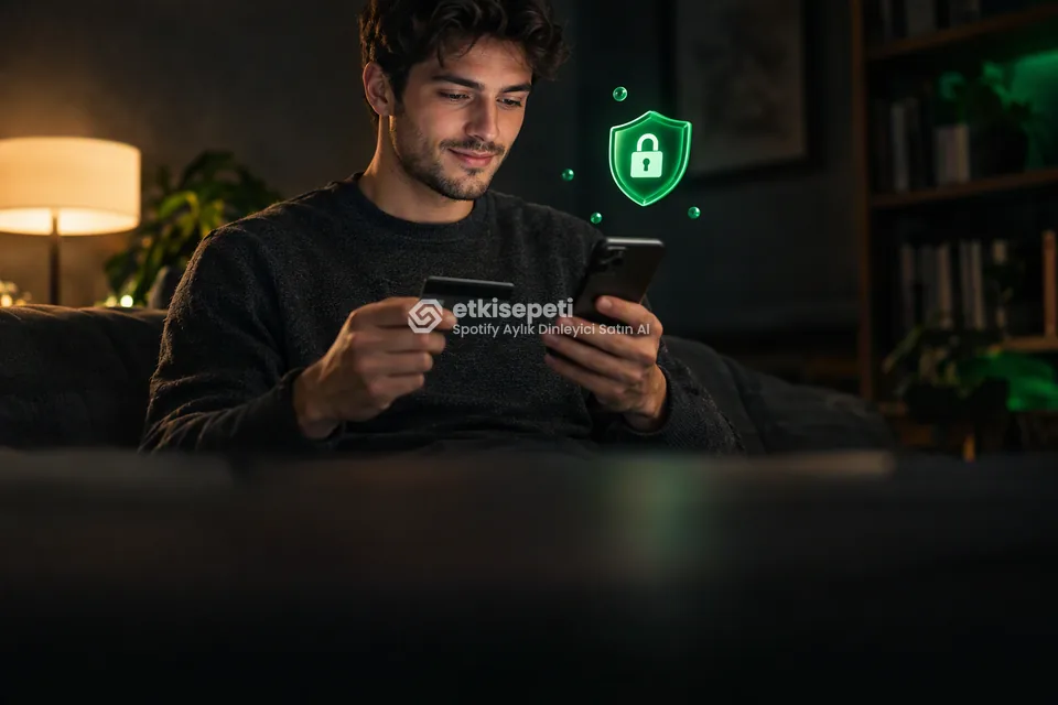 Kart ve telefonla güvenli ödeme yapan bir kullanıcı