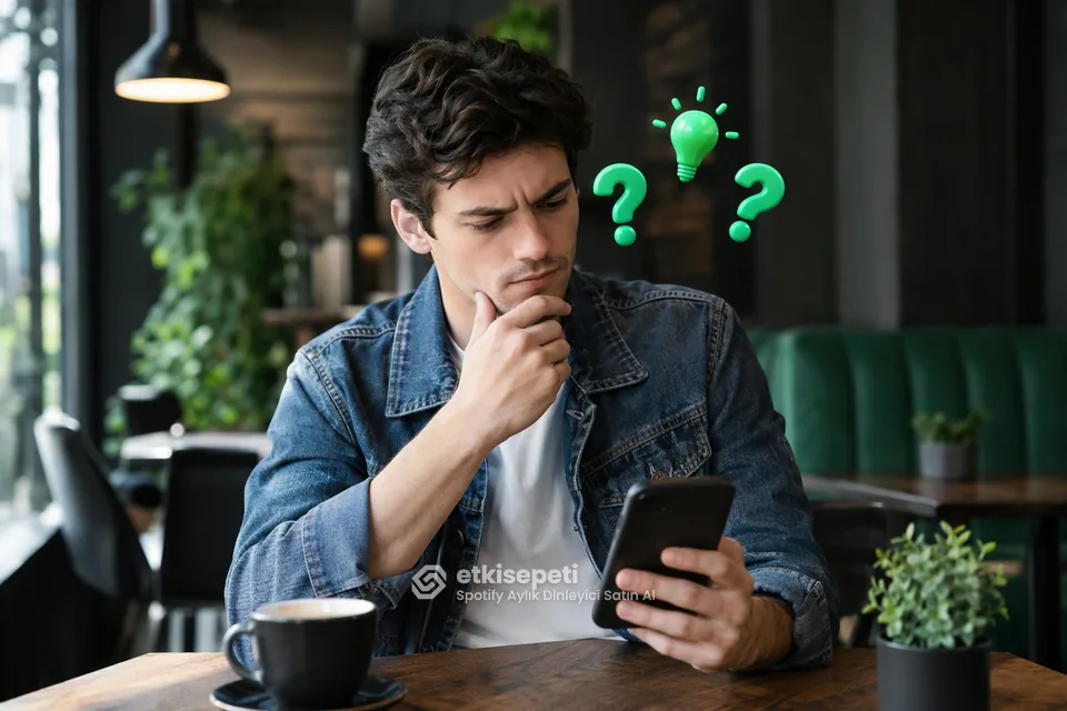 Spotify Aylık Dinleyici satın almadan önce sorularını düşünen bir kullanıcı