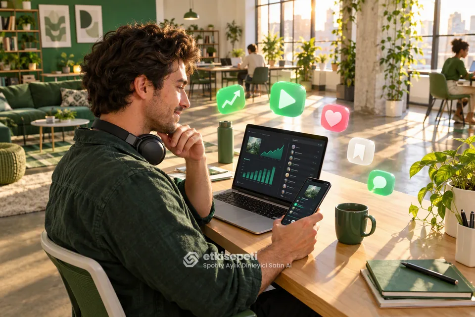 Spotify Aylık Dinleyici Satın Al stratejisinde dinlenme, kaydetme ve playlist birleşimini gösteren sahne