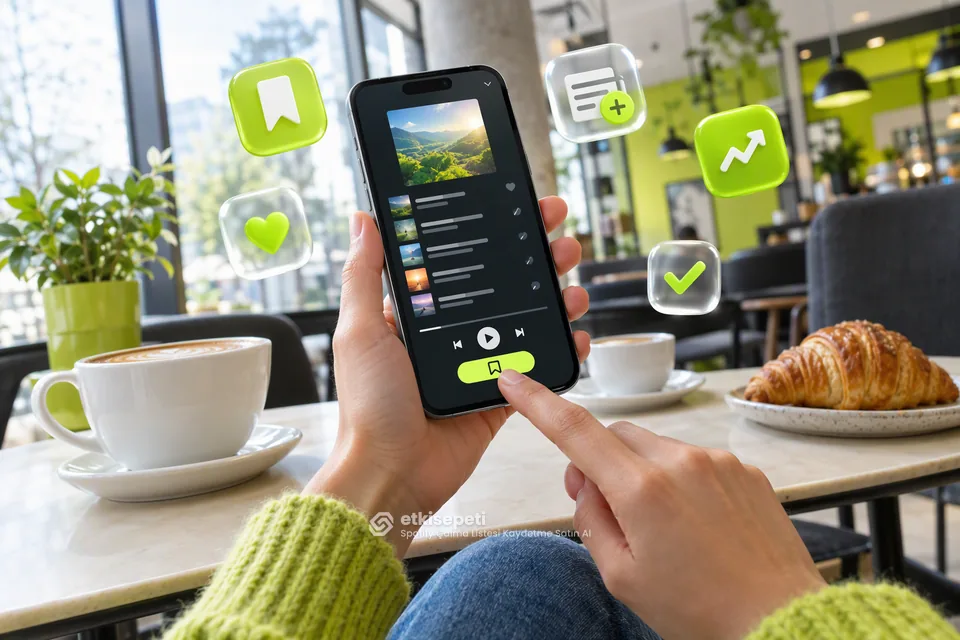 Spotify Çalma Listesi Kaydetme için çalma listesinin kütüphaneye eklenmesini gösteren 3D sahne
