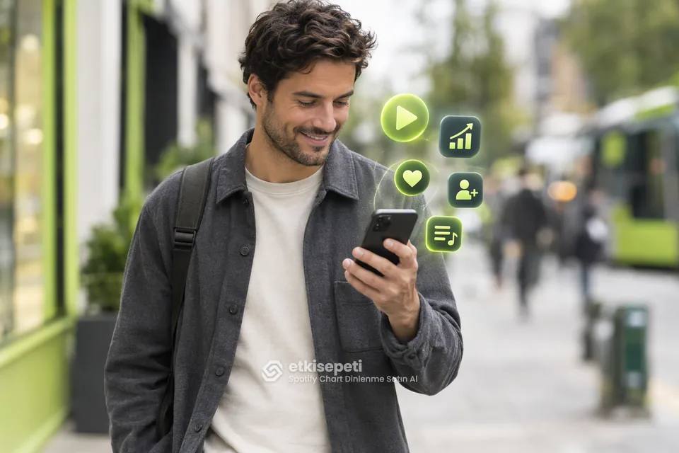 Spotify Chart Dinlenme Satın Al hizmetinin farklı sektörlerde kullanımını gösteren 3D sahne