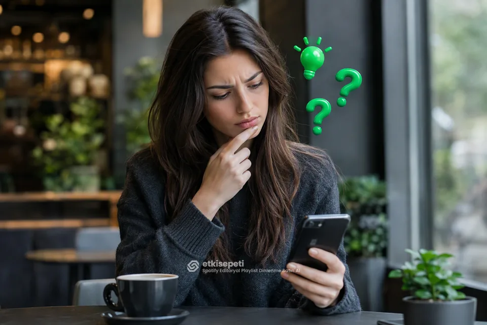 Spotify Editoryal Playlist Dinlenme satın almadan önce sorularını düşünen bir kullanıcı