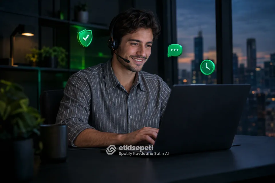 Destek uzmanı Spotify Kaydetme siparişlerini panelden takip ediyor