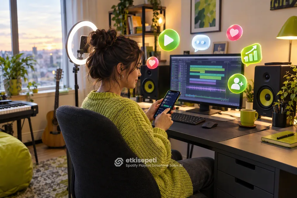 Spotify Playlist Dinlenme Satın Al için playlist akışı, çalma ve kaydetme sinyallerini gösteren sahne