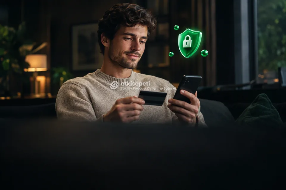 Kart ve telefonla güvenli ödeme yapan bir kullanıcı