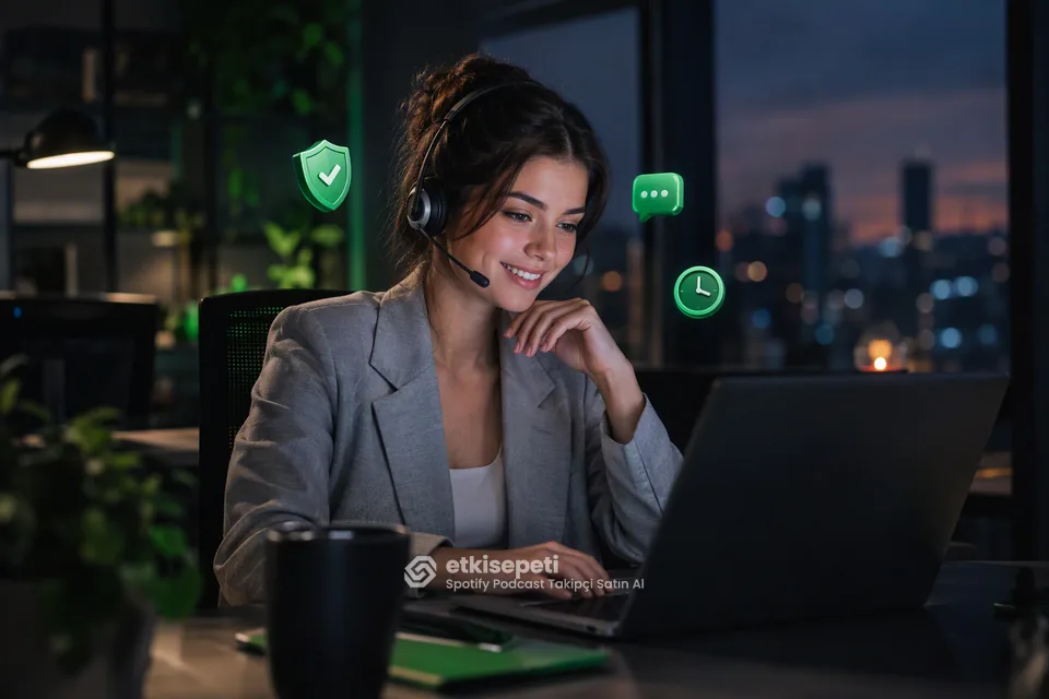 Destek uzmanı Spotify Podcast Takipçi siparişlerini panelden takip ediyor