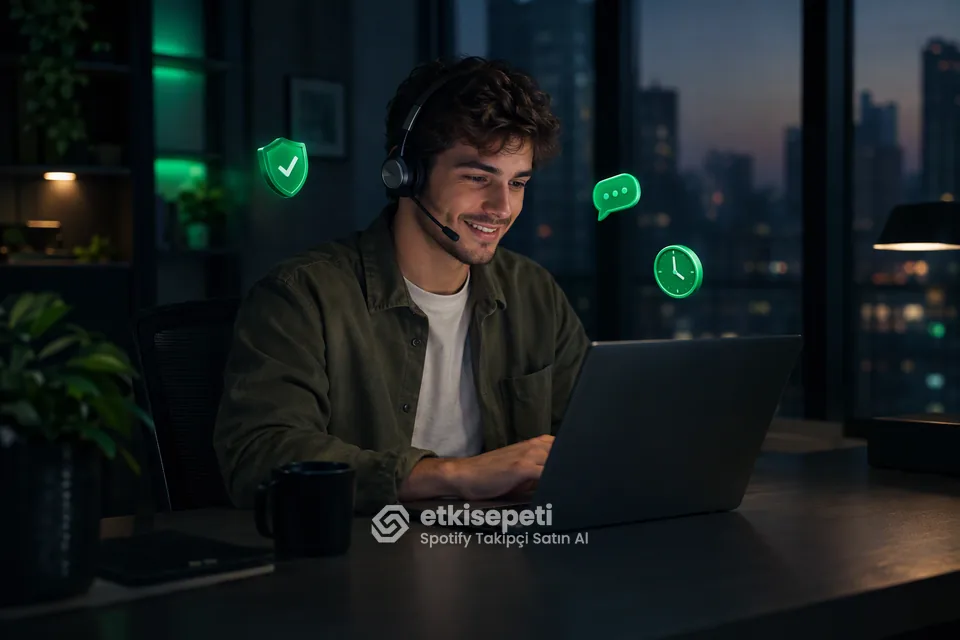 Destek uzmanı Spotify Takipçi siparişlerini panelden takip ediyor