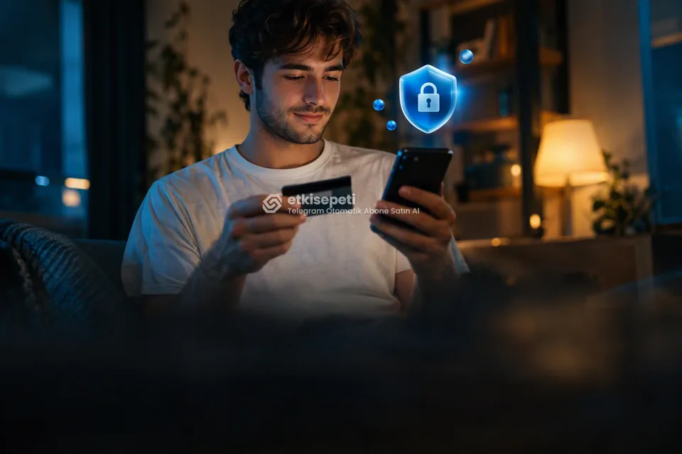 Kart ve telefonla güvenli ödeme yapan bir kullanıcı