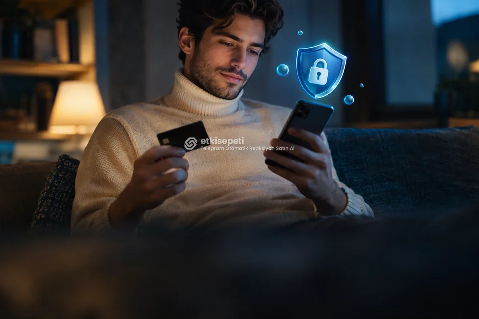 Kart ve telefonla güvenli ödeme yapan bir kullanıcı