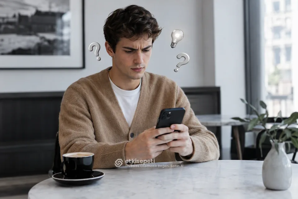 Threads Otomatik Beğeni satın almadan önce sorularını düşünen bir kullanıcı