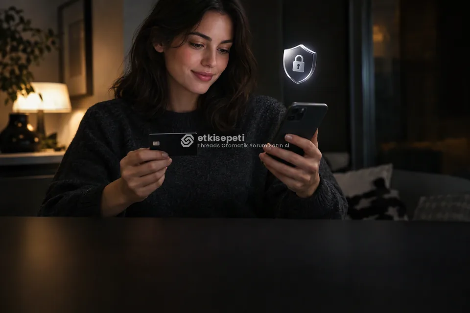 Kart ve telefonla güvenli ödeme yapan bir kullanıcı