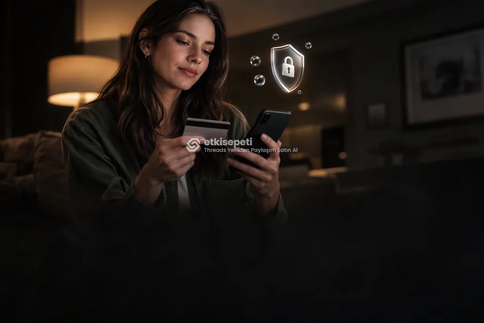 Kart ve telefonla güvenli ödeme yapan bir kullanıcı