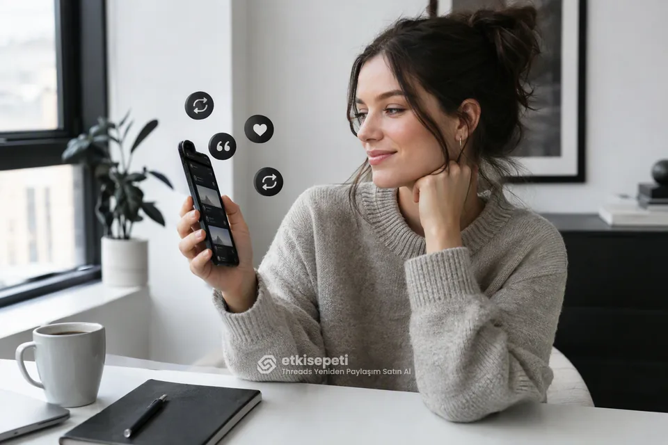 Threads yeniden paylaşım satın al öncesi telefonunda bir gönderinin yeniden paylaş ve alıntı seçeneklerine bakan genç bir içerik üreticisi