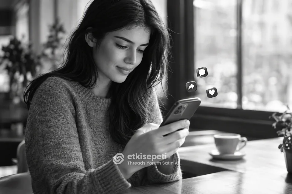 Threads yorum satın al: telefonda bir gönderinin altındaki yanıtları inceleyen genç kadın