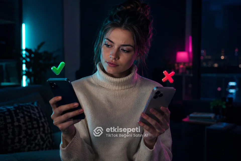 İki seçeneği karşılaştırarak TikTok Beğeni için site seçen bir kullanıcı