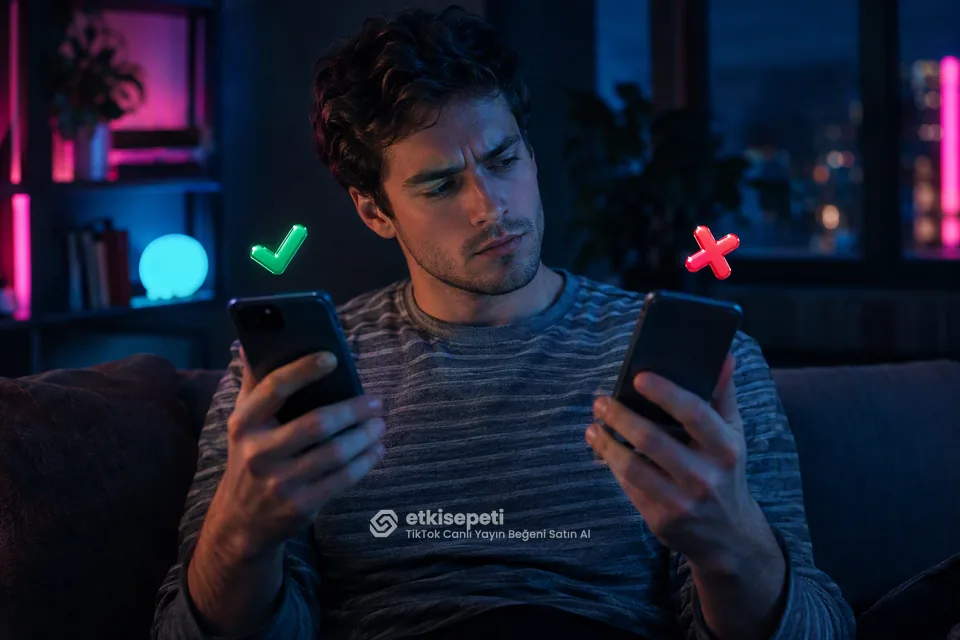 İki seçeneği karşılaştırarak TikTok Canlı Yayın Beğeni için site seçen bir kullanıcı