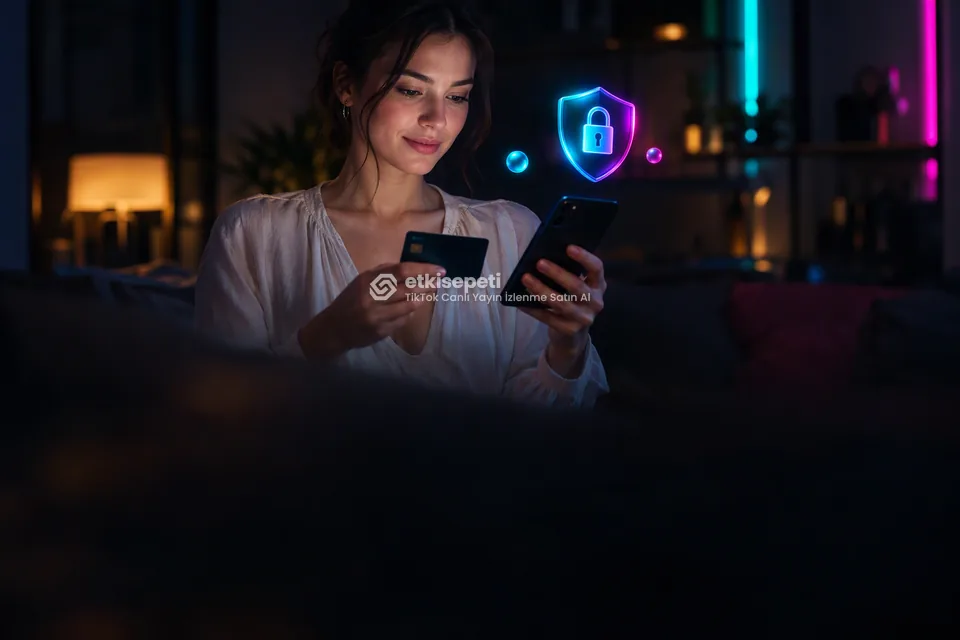 Kart ve telefonla güvenli ödeme yapan bir kullanıcı