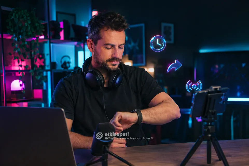 TikTok canlı yayın paylaşım satın al siparişinden sonra yayını açık tutup saatine bakan bir yayıncı