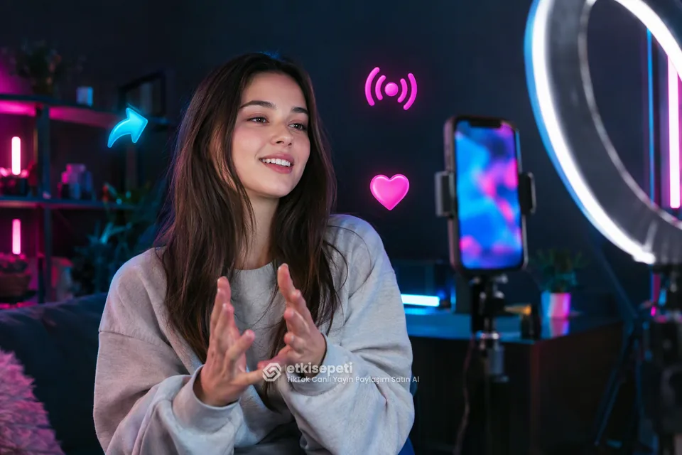 TikTok canlı yayın paylaşım satın al öncesi telefonda canlı yayın ekranındaki paylaş düğmesine bakan genç bir içerik üreticisi