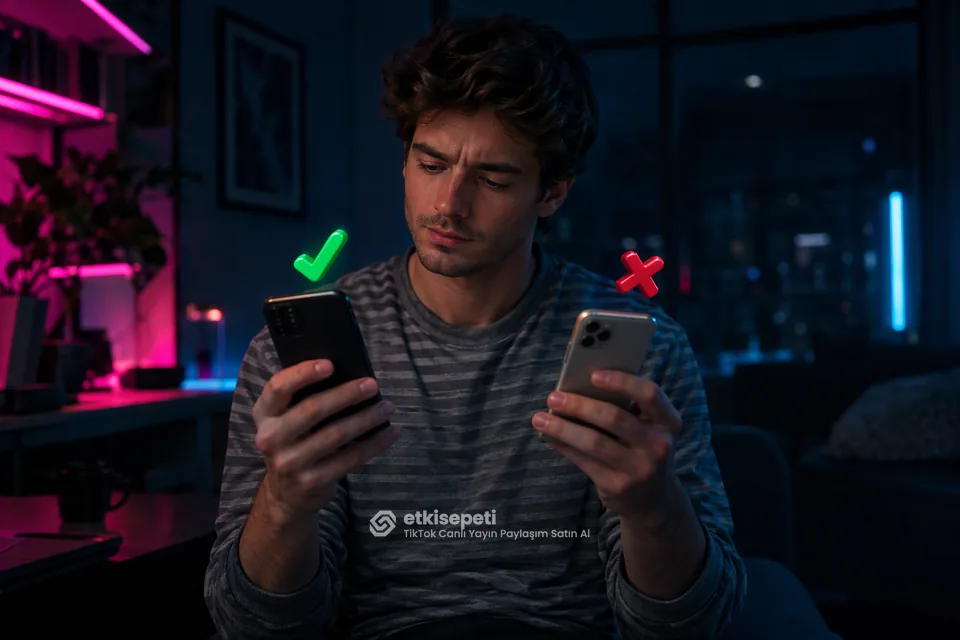 İki seçeneği karşılaştırarak TikTok Canlı Yayın Paylaşım için site seçen bir kullanıcı