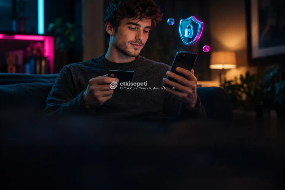Kart ve telefonla güvenli ödeme yapan bir kullanıcı