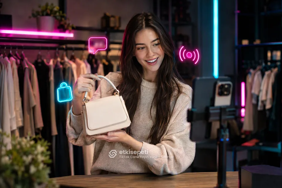 TikTok canlı yayın yorum satın al ile sohbeti hareketlenen canlı satış yayını yapan butik sahibi