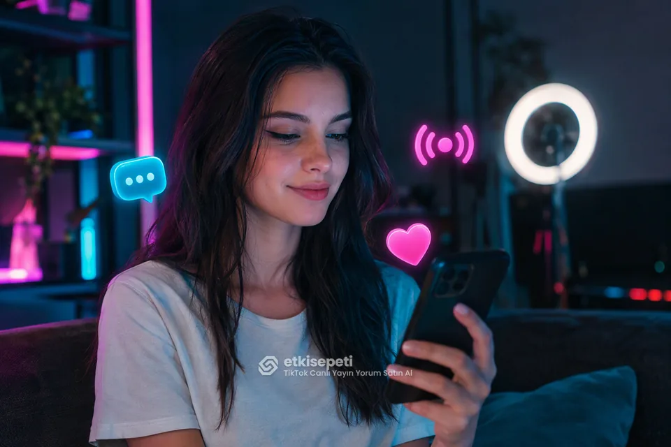 TikTok canlı yayın yorum satın al hizmetinde telefonda canlı yayın sohbetini izleyen genç kadın