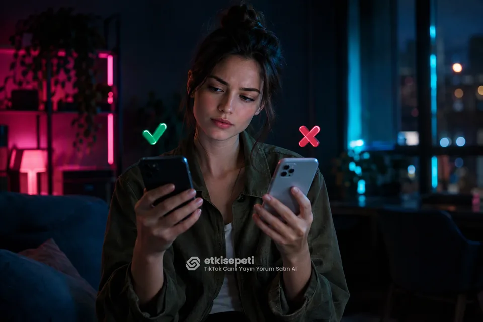 İki seçeneği karşılaştırarak TikTok Canlı Yayın Yorum için site seçen bir kullanıcı
