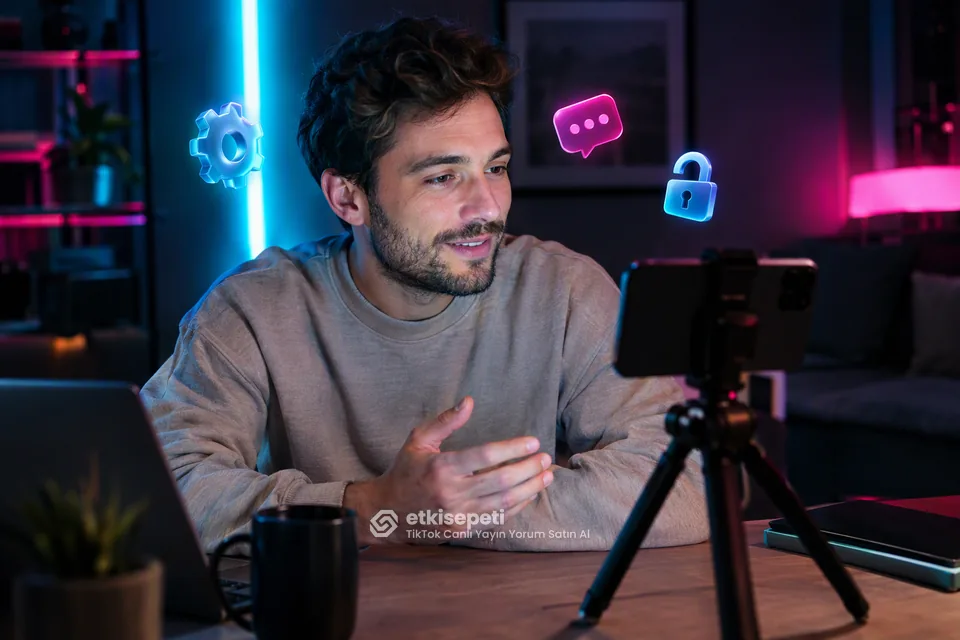 TikTok canlı yayın yorum siparişi öncesi telefon ayarlarını kontrol eden erkek yayıncı