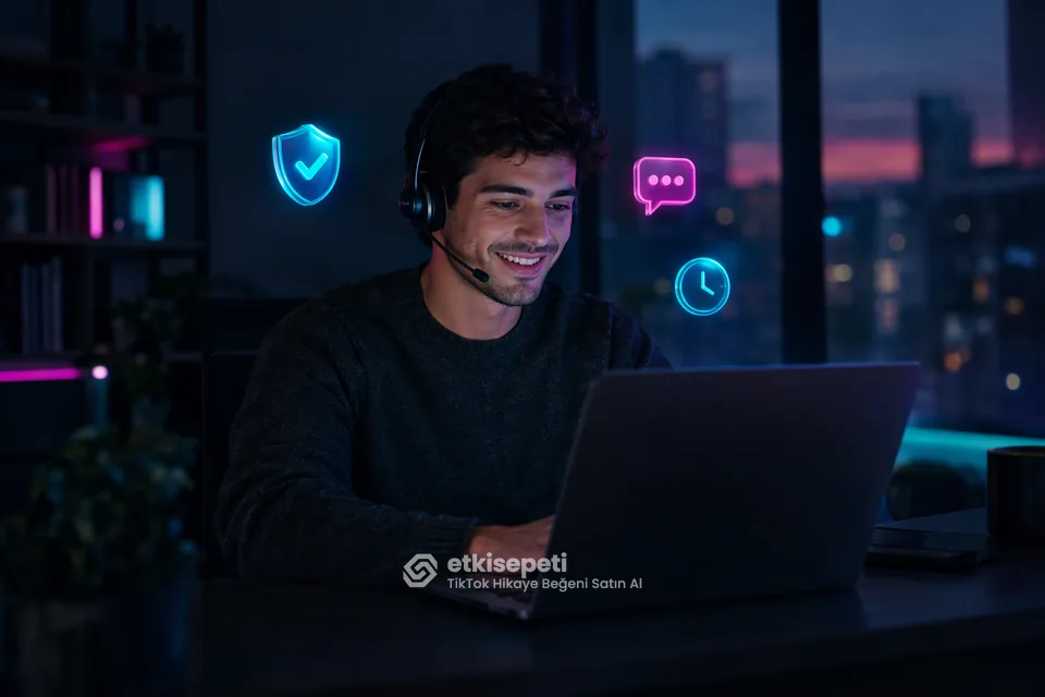 Destek uzmanı TikTok Hikaye Beğeni siparişlerini panelden takip ediyor