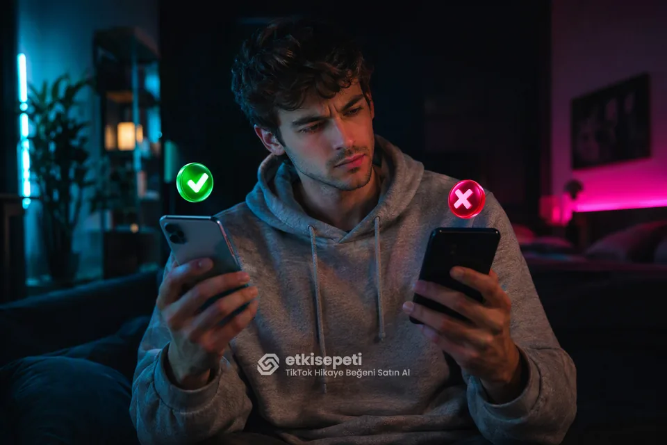 İki seçeneği karşılaştırarak TikTok Hikaye Beğeni için site seçen bir kullanıcı