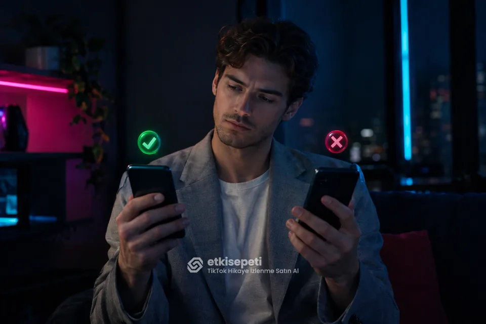 İki seçeneği karşılaştırarak TikTok Hikaye İzlenme için site seçen bir kullanıcı