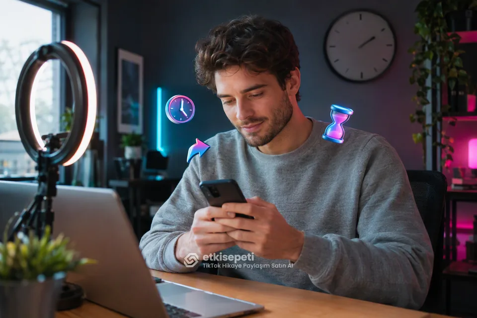 TikTok hikaye paylaşım satın al için hikaye yayımlandıktan hemen sonra telefonundan sipariş veren genç erkek