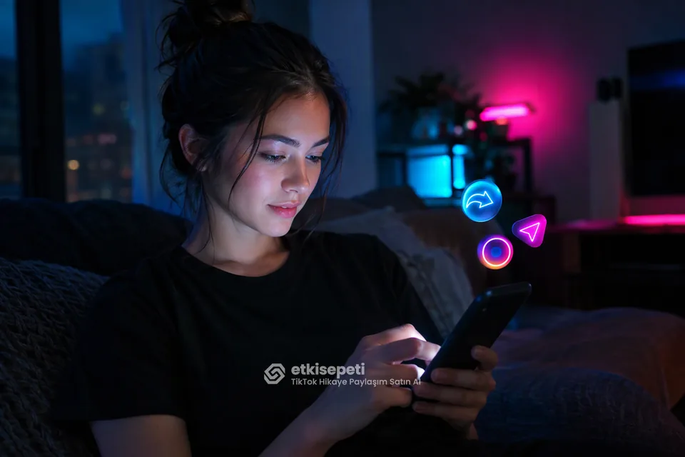 TikTok hikaye paylaşım satın al: telefonda hikayeyi paylaş menüsünden bir arkadaşına gönderen genç kadın
