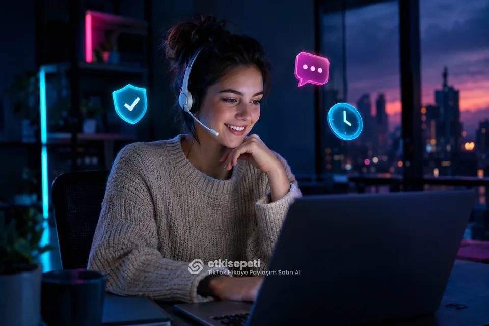 Destek uzmanı TikTok Hikaye Paylaşım siparişlerini panelden takip ediyor