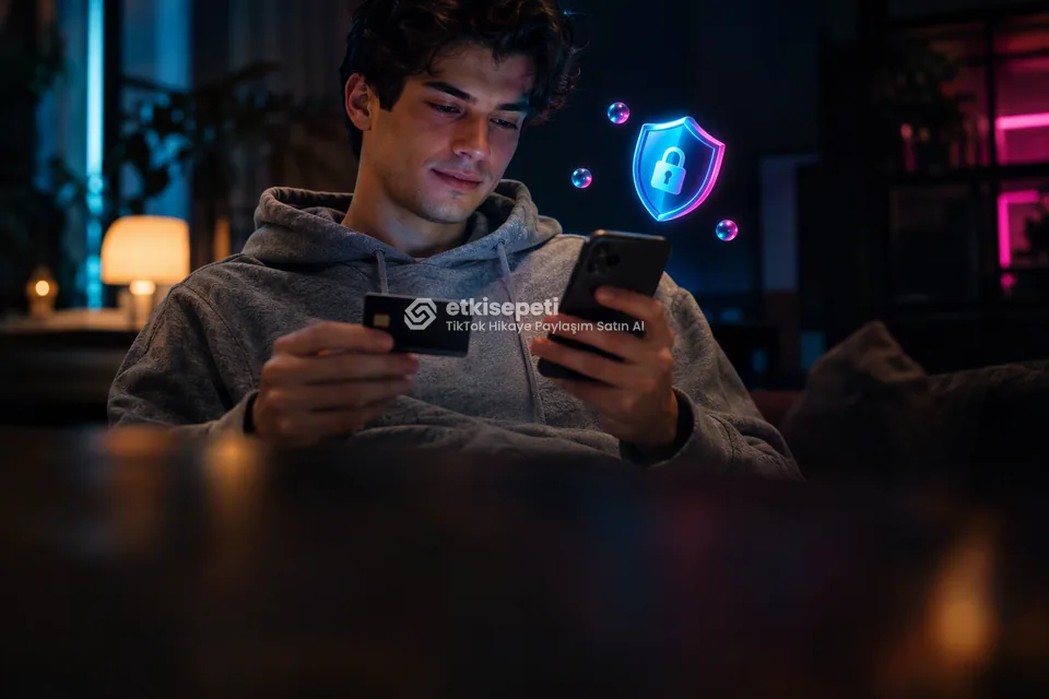 Kart ve telefonla güvenli ödeme yapan bir kullanıcı