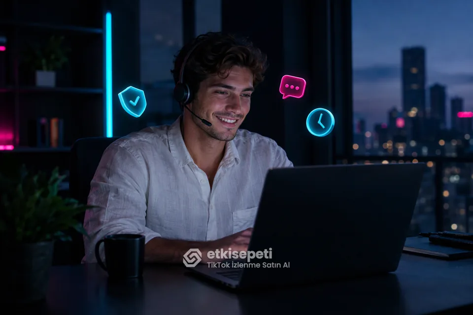 Destek uzmanı TikTok İzlenme siparişlerini panelden takip ediyor