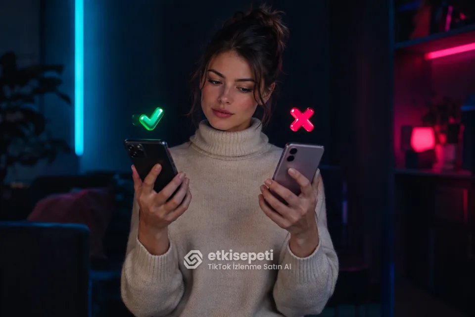 İki seçeneği karşılaştırarak TikTok İzlenme için site seçen bir kullanıcı