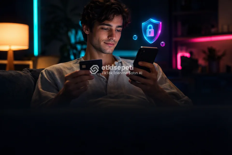 Kart ve telefonla güvenli ödeme yapan bir kullanıcı