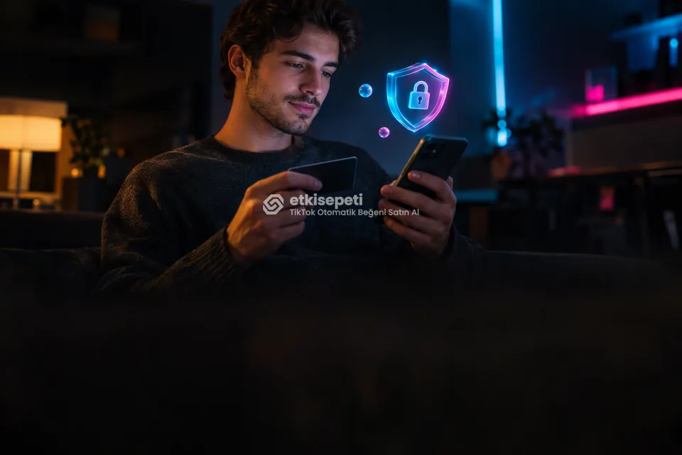 Kart ve telefonla güvenli ödeme yapan bir kullanıcı