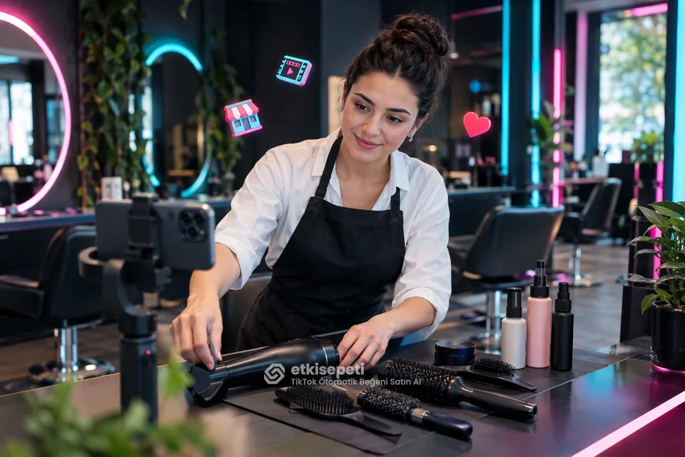 TikTok otomatik beğeni satın al hizmetini salon tanıtım videoları için kullanan bir işletme sahibi
