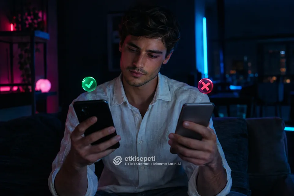 İki seçeneği karşılaştırarak TikTok Otomatik İzlenme için site seçen bir kullanıcı