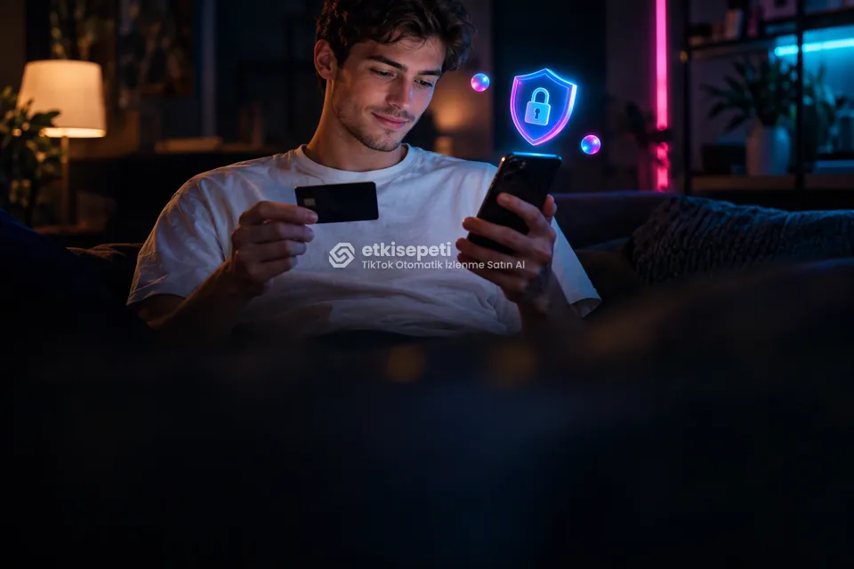 Kart ve telefonla güvenli ödeme yapan bir kullanıcı