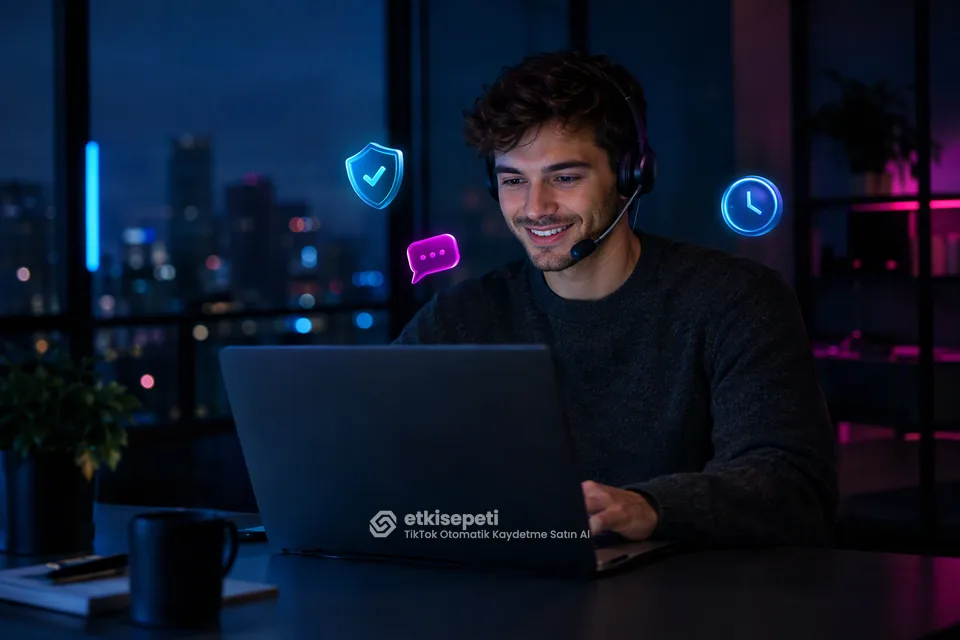Destek uzmanı TikTok Otomatik Kaydetme siparişlerini panelden takip ediyor