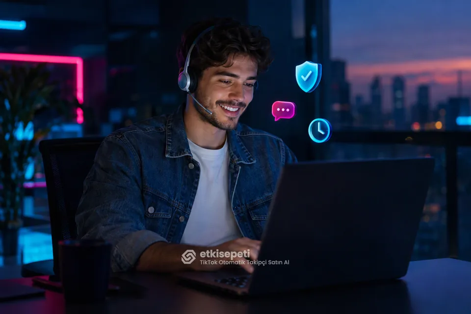 Destek uzmanı TikTok Otomatik Takipçi siparişlerini panelden takip ediyor
