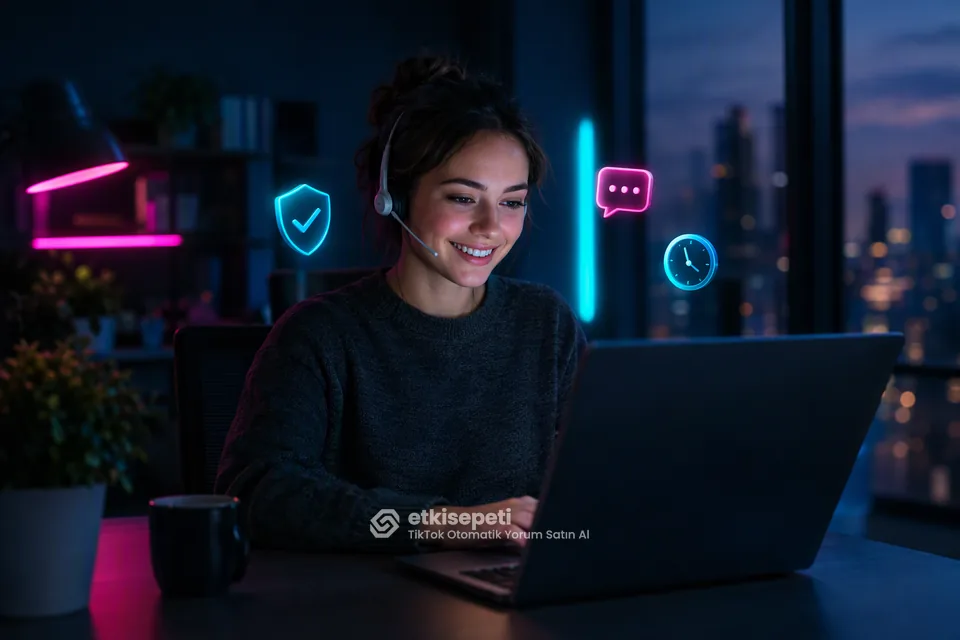 Destek uzmanı TikTok Otomatik Yorum siparişlerini panelden takip ediyor