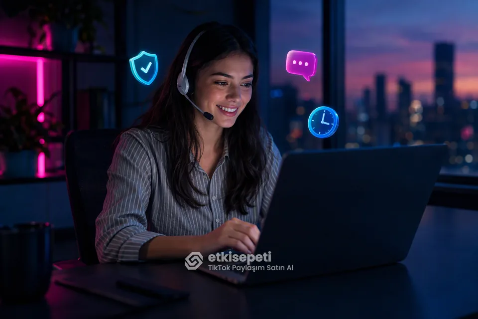 Destek uzmanı TikTok Paylaşım siparişlerini panelden takip ediyor